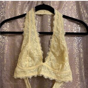 Free People Galoon Lace Yellow Marigold Halter Bralette, L NWT